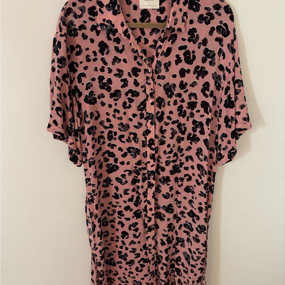 Anthropologie Pink Leopard-Print Button-Up Top